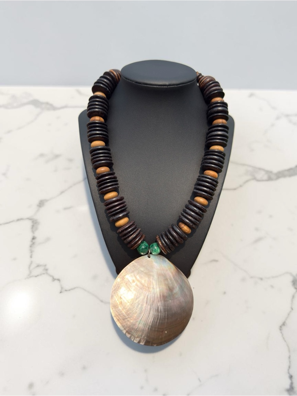 Oversized Mother of Pearl Shell Pendant Necklace Vintage Boho Chunky Wood Bead
